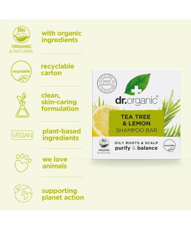 Dr Organic Tea Tree & Lemon Shampoo Bar Purifying Oily Roots & Scalp NEW Plastic Free Natural Vegan Cruelty Free Paraben & SLS Free Organic 75g - Buy Online on GoSupps.com