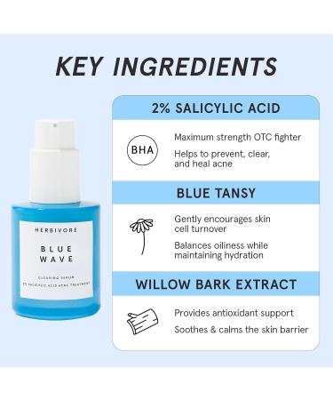 HERBIVORE Blue Wave Clearing Serum | Acne Treatment with 2% Salicylic Acid Blue Tansy & Willow Bark | Plant-Based Vegan Cruelty-Free | 30mL - Buy Online on GoSupps.com