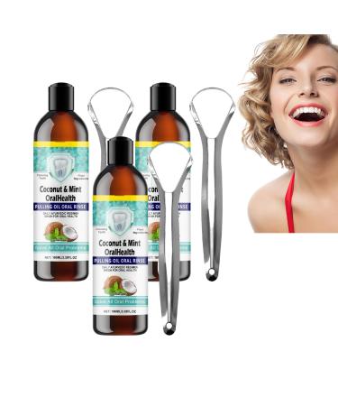 VKaoess Mouthwash with coconut oil Mouthwash with coconut oil for oral care Natural mouthwash against plaque and bad breath with tongue scraper for fresh breath 100 ml 3 bottles