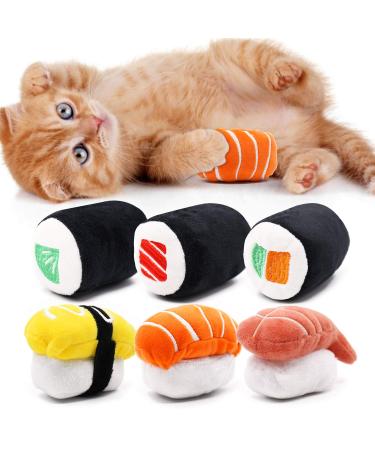 CiyvoLyeen 6 Pack Sushi Cat Toys with Catnip Sushi Roll Pillow Kitten Chew Bite Supplies Boredom Relief Fluffy Kitty Teeth Cleaning Chewing Cat Lovers Interactive Plush Gift