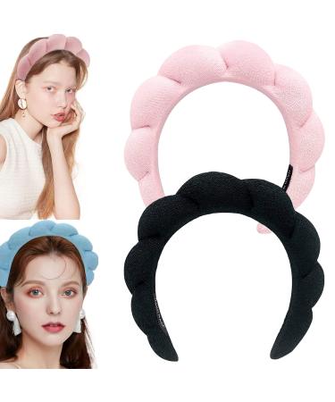XSHYE Spa Headband for Women Girls Makeup Headband Sponge Terry Towel Cloth Fabric Headband for Washing Face Skincare Shower Hair Accessory (2 Pack - Pink+Black)