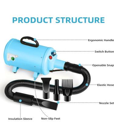 Dog Hair Dryer 3.8HP 2800W Pet Grooming Blower for Large Dogs - Heat Blaster with Stepless Speed & Strong Power Wind - Blue - Buy Online on GoSupps.com