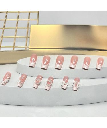 Press on Nails - Medium Square Love Heart Pearl - 24Pcs Reusable French Fake Nails with Flower & Bow Tie Design - Artificial Acrylic Coffin Nails for Women - Buy Online on GoSupps.com