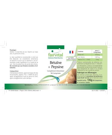 Fairvital Betaine HCl with Pepsin - 650mg Digestive Enzymes - 90 High Dose Tablets for Optimal Digestion | International Shipping Available - Buy Online on GoSupps.com