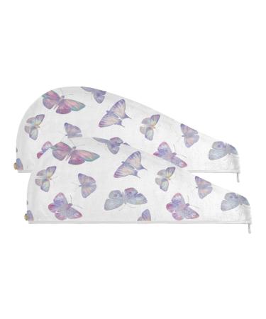 Butterflies Dry Hair Cap 2 Piece Quick Drying Towel Set with Button Headband Super Absorbent Soft & Comfortable