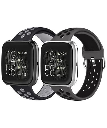 Mosstek Compatible with Fitbit Versa 2 Bands/ Fitbit Versa Bands for Men Women, Sport Silicone Bands for Versa/ Versa 2 Bands for Women Men Compatible for Fitbit Versa Lite Bands, 2 Pack, Large-01 Large Black/Gray+Charcoal…