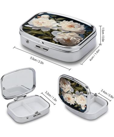 White Peony Print Pill Box - Decorative 2 Compartment Portable Medicine Organizer for Travel | Stylish Metal Pill Case - Buy Online on GoSupps.com
