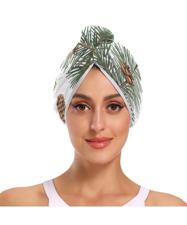 Fir Pine Cone Branch Tree Hair Towel 2 Pack Super Absorbent Hair Drying Towel Quick Dry Hair Turbans Head Towel with Button Twisty Wrap for Women Girls