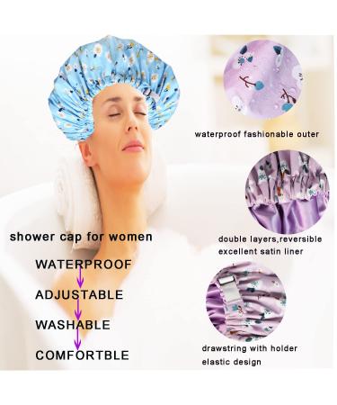 2Pcs Satin Lined Waterproof Shower Cap for Women - Extra Large Reusable Adjustable Double Layers - Blue Purple Flower Design - Buy Online on GoSupps.com