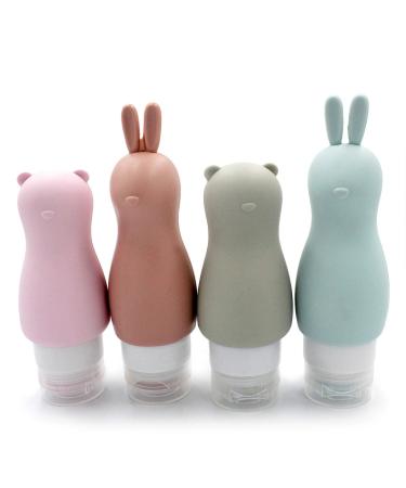 Cute Travel Bottles, 3oz (90ml) Portable Cute Bear and Rabbit Travel Size Bottles, Leakproof Soft Silicone Travel Containers for Lotions and Creams, Shampoo, Conditioner, Liquids