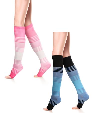 Geyoga 15-25 mmHg Open Toe Compression Socks Calf Toeless Compression Socks for Women or Men Sports Circulation Travel Large Size (Pink White Blue Black 2 Pairs) Pink White Blue Black 2