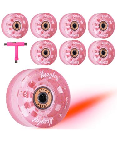 Nezylaf 8 Pack 32 x 58mm, 82A Roller Skate Wheels with Glitter Powder and Multi-Function Portable Skateboard T Tool for Double Row Skating,Replacment Accessories Suitable for Outdoor or Indoor Pink -glitter powder