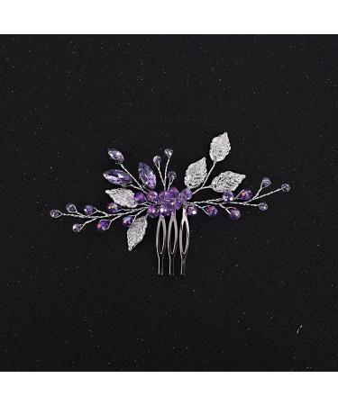 YERTTER Wedding Crystal Leaf Bridal Hair Comb Clip | Pearl Hair Accessory for Bride Bridesmaid Flower Girls - Purple & Silver - Buy Online on GoSupps.com