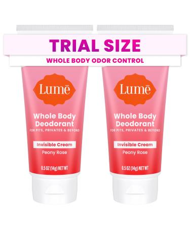 Lume Whole Body Deodorant - Mini Travel Size Invisible Cream Tube - Trial Size -72 Hour Odor Control - Doctor Developed - Aluminum Free Baking Soda Free - .5oz (Pack of 2) (Peony Rose)