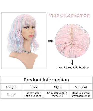 Faelbaty Pink Short Wave Bob Wig - Pony Curly Synthetic Cosplay Wig for Girls & Women - Shoulder-Length Candy Color Costume Wig (12 Mixed Blue & Pink) - Buy Online on GoSupps.com