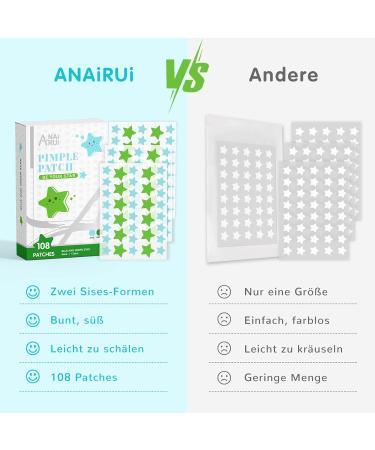 Anirui Star-Shaped Hydrocolloid Acne Stickers with Tea Tree Oil & Salicylic Acid - 108 Points 12mm & 8mm for Fast Pimple & Blackhead Treatment - Buy Online on GoSupps.com