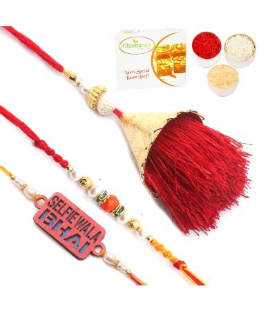 Ghasitaram Gifts Rakhi for Brother Rakhis Online - Set of 3 Bong of Blessings Bhaiya Bhabhi Rakhi and Selfiewala Bhai Kids Rakhi with 200 GMS of Besan Barfi