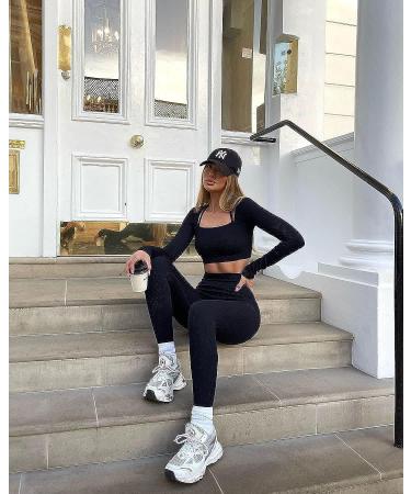 OQQ Women Black Ribbed Workout Leggings Set - Tummy Control Gym Tights | Large - Buy Online on GoSupps.com