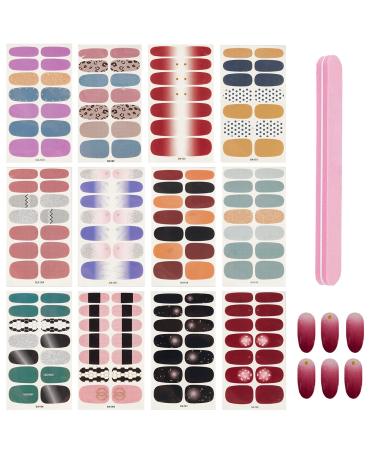NICENEEDED 12 Sheets Nail Art Stickers Strips Self-Adhesive Full Wrap Nail Polish Stickers Manicure Decoration Kit With 1Pc Nail File For Women Girls Nail DIY(Style 3)