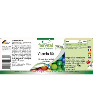 Fairvital Vitamin B6 Tablets - High Dose 22.5mg Pyridoxine - Vegan - 250 Tablets | International Shipping Available - Buy Online on GoSupps.com