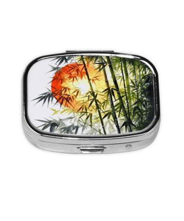 Bamboo Trees Sun Printing 2 Compartment Small Pill Case Cute Small Pill Box Purse Pill Boxs Travel Pill Organizer for Pocket Purse and Travel Gifts