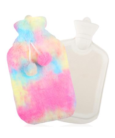 Hot Water Bottle 2 Litre Walliebe Large Capacity Hot Water Bag for Hot and Cold Compress with Fluffy Cover Neck and Shoulder Pain Relief Warmer Gift for Women Seniors & Children Rainbow