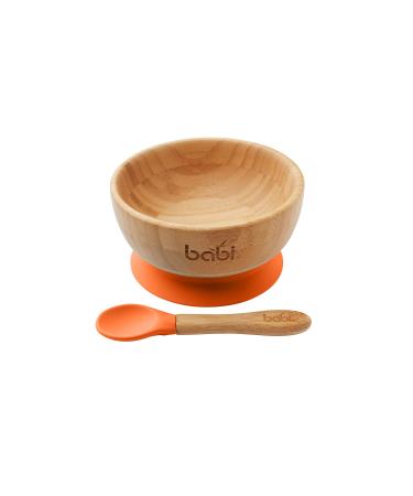 Babi Baby Toddler Large Bowl & Matching Spoon Set Natural Bamboo with Stay Put Silicone Suction Ring (Orange)