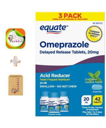 Equate Omeprazole Delayed Release Coated Tablets 20 mg Cool Mint Flavor 42 Count - Effective Heartburn Relief with a Refreshing Mint Taste + Create Sticker