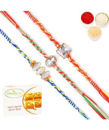 Ghasitaram Gifts Rakhi for Brother Rakhis Online - Set of 3 6300 6371 6400 Fancy Rakhis with 400 GMS of Besan Barfi