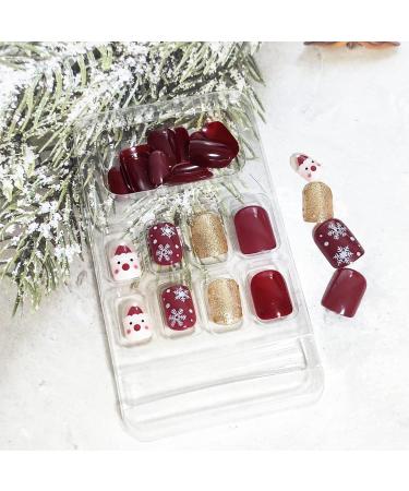 Christmas False Nails Set - 24Pcs Red Short Square Press on Nails with Santa & Snowflake Xmas Glitter. Perfect for Women & Girls Festival Holiday Nail Art - Buy Online on GoSupps.com