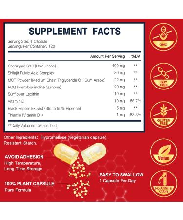 CoQ10 400mg - High Absorption Coenzyme Q10 with PQQ Shilajit & Vitamin E | Powerful Antioxidant for Heart & Brain Health | 120 Veggie Capsules - International Shipping - Buy Online on GoSupps.com