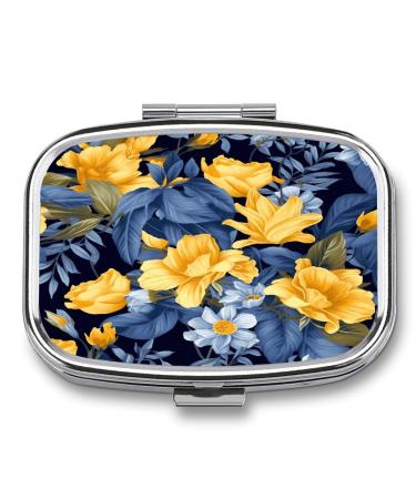 Pill Box Blue Base Yellow Floral Print 2 Compartment Medicine Pill Case Pill Organizer Decorative Metal Portable Pill Box for Pocket Or Purse
