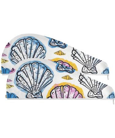 Purple Blue Yellow Seashells Hair Towel 2 Pack - Super Absorbent Quick Dry Hair Turbans with Button Twist for Women & Girls - Buy Online on GoSupps.com