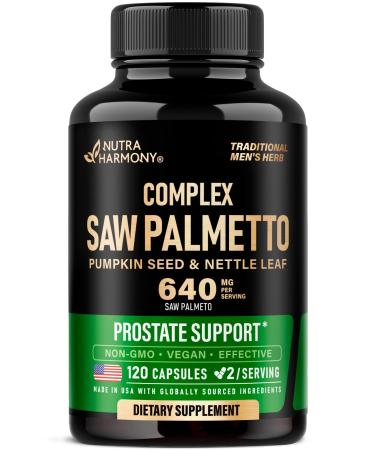 Saw Palmetto for Men 640mg - Pumpkin Seed | Nettle | Zinc & Pygeum - Prostate Health & Urinary Supplement - DHT Blocking & Hair Support - 45% Fatty Acids Clinical Strength - Made in USA 120 Capsules 120 Count (Pack of 1)