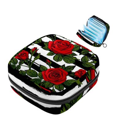 Women's binding pocket red rose flower leaves stripes women's tampon stair bags tampon storage bag zip pockets menstrual tied bags multi17