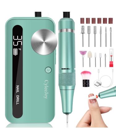 Rechargeable Nail Drill Cordless for Gel Acrylic Nails 35000RPM Professional Acrylic Nail Kit with 12 Bits Low Noise Low Vibration Low Heat Nail Filer Electric for Home Salon (Green)