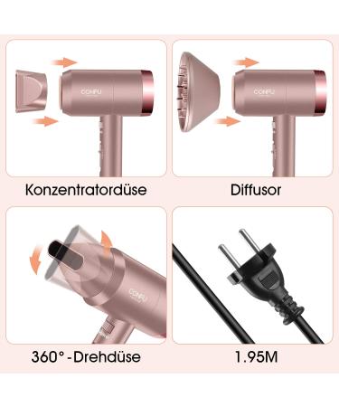 Confu 1800W Light Hair Dryer with Styling Nozzle & Diffuser - 3 Heat & Speed Settings - Rose Gold | International Shipping - Buy Online on GoSupps.com