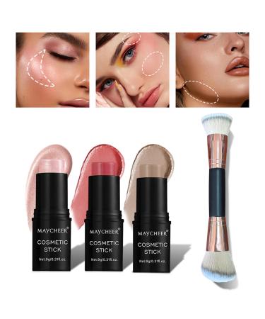 Cream Contour Stick Makeup Set 2024 New Cream Blush Bronzer Stick Highlighter Stick for Face with Makeup Brush Long Lasting & Natural Makeup Contour Stick for Beginner 3 Color #02 04 06
