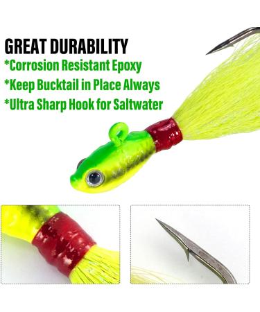 Dr.Fish Bucktail Jig Fluke Lure - 3 Pack Saltwater/Freshwater Hair Jig for Surf Fishing, Bass, Flounder, Striper - 1/2oz White Chartreuse Red & White - Buy Online on GoSupps.com