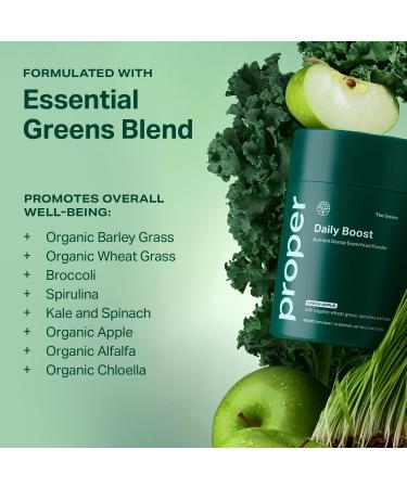 Proper The Greens Daily Boost Organic Greens Powder. Whole Food Apple Flavour Veggie Powder Superfood with Wheatgrass Spirulina Chlorella Probiotics. Daily Drink Mix for Wellness and Digestion 30 Servings - Buy Online on GoSupps.com