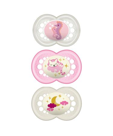 MAM Original Day & Night Baby Pacifier, Nipple Shape Helps Promote Healthy Oral Development, Glows in The Dark, 3 Pack, 16+ Months, Girl,3 Count (Pack of 1)