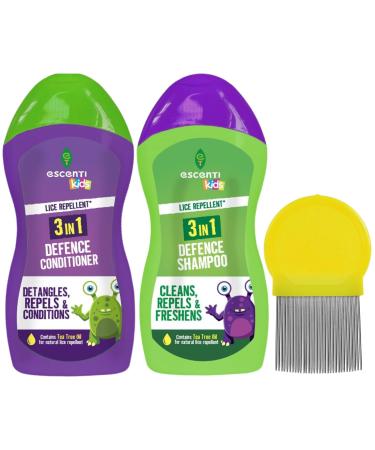 Escenti Kids 3 in1 Head Lice Prevention Shampoo and Conditioner set bundled with Metal tooth Nit Comb