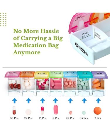 BoxSIK Weekly Pill Organizer - Premium 7 Compartment Tablet Box for Vitamins & Supplements - Travel Friendly Food-Grade Rainbow Colors - Buy Online on GoSupps.com