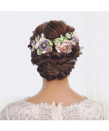 IYOU Bridal Hairpins Pink Flower Hairpiece Leaves Prom Wedding Headpiece Jewelry for Bride and Bridesmaid (2 Pack)