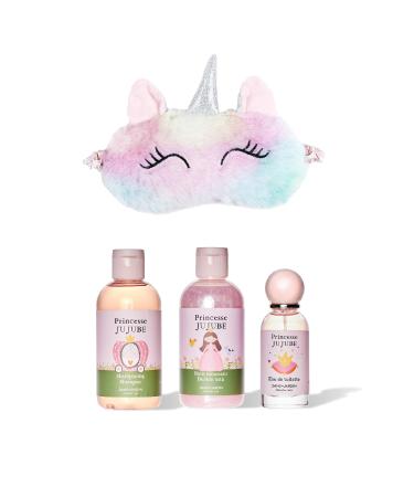 DANS UN JARDIN - Kids Bodycare Set Made in Canada - Bubble Bath Shampoo Eau de Toilette & Unicorn Sleeping Mask - Fruity Fragrance - Princesse Jujube collection - Skin-Friendly Gift - 4Pack