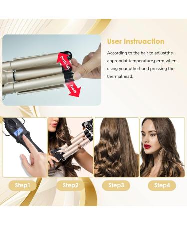 3 Barrel Hair Waver Curling Iron | 25mm Mermaid Curler with 2 Temperature Control | Quick Heating Styling Tool for Long Short Hair | Includes Heat-Resistant Gloves | Gold - Buy Online on GoSupps.com