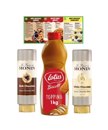 Go2 Groceries Bundle Flavoured Dessert Sauces Biscoff Biscuit Topping (1 kg) La Sauce De Monin Dark (500 ml) White Chocolate (500 ml) with Recipe Cards Biscoff Biscuit Topping La Sauce De Monin Dark & White Chocolate