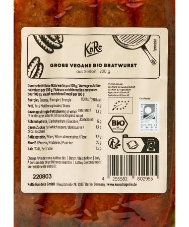 Buy KoRo Coarse Vegan Organic Bratwurst 230g - Perfect for Grilling - Vegan & Organic - International Shipping Available - Buy Online on GoSupps.com