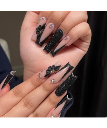 IMSOHOT Long Black French Press-On Nails 24 Pcs Glossy Acrylic with 3D Flower Charms & Rhinestones | Full Cover False Nail Tips for Women - Buy Online on GoSupps.com