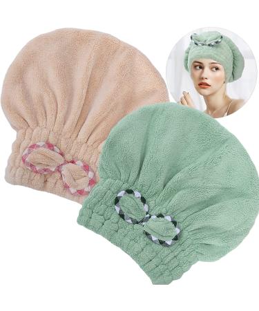 2Pcs Microfiber Hair Drying Cap Hair Towel Cap Fast Coral Velvet Hair Drying Towel with Bow-Knot Quick Dry Fast Drying Hair Caps for Women Soft Absorbent Cap for Wet Hair Long Thick Hair(Khaki+Green)